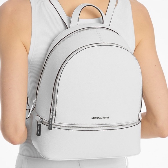 Michael Kors Rhea Medium Pebbled Leather Backpack Optic White - Picture 1 of 10